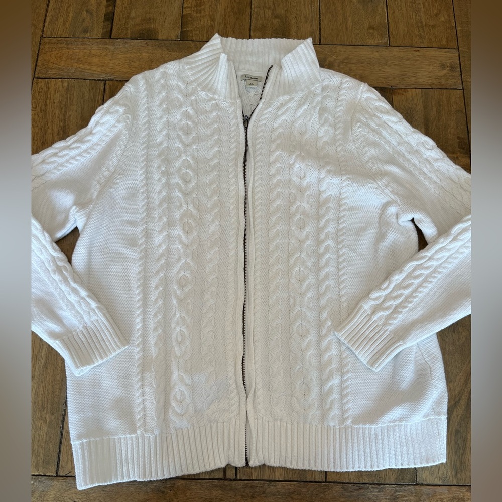 L.L. Bean White Cable Knit Zip-Front Women's Sweater Jacket size XL